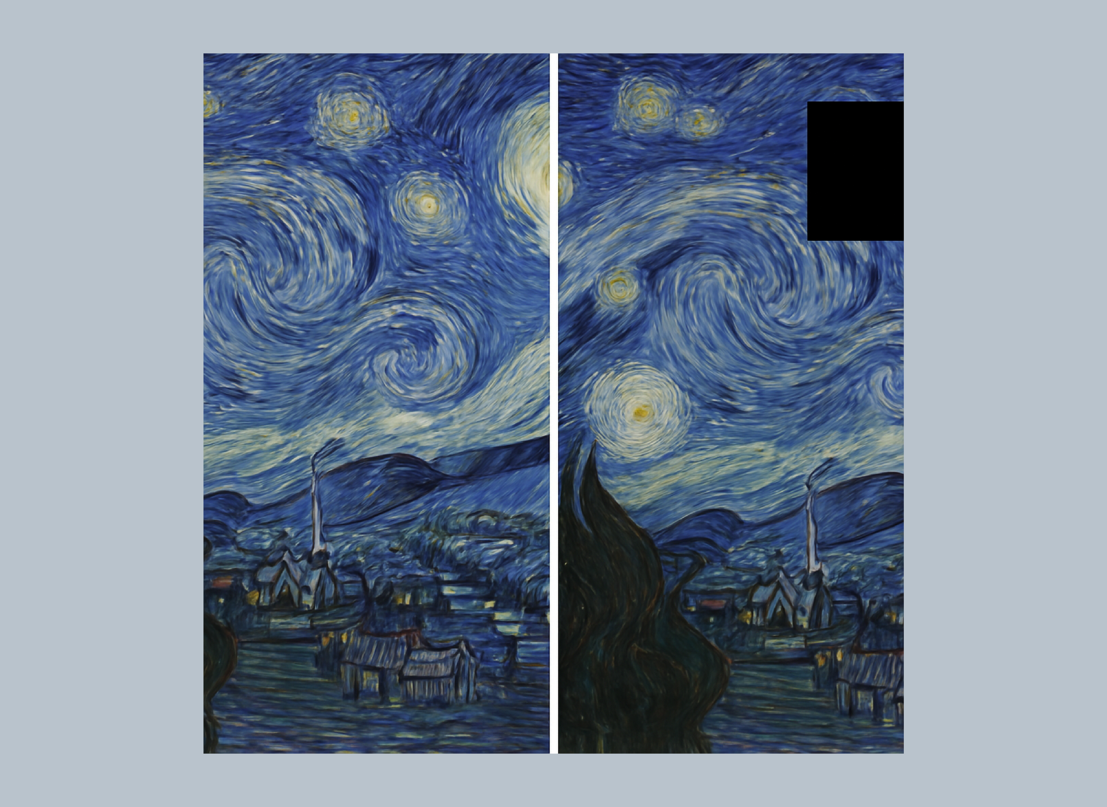 image of two matching Starry Night artworks side by side. The one on the left is complete and the one on the right has a black square where the moon is to indicate the missing artwork.