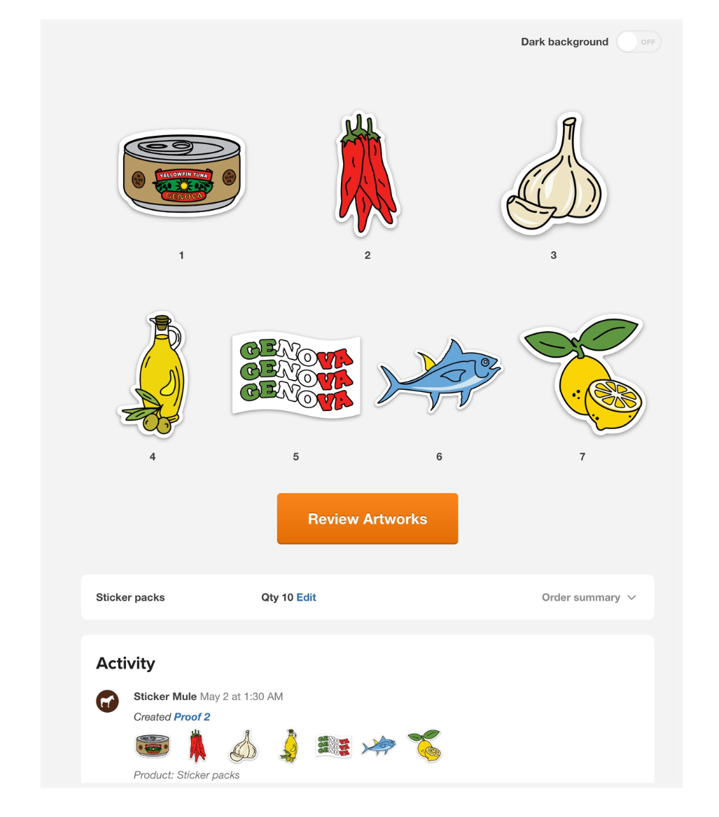 imagen de las pruebas online del pack de pegatinas que muestra todas las ilustraciones en una página.