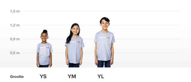 afbeelding met t-shirts in de kindermaten small, medium en large