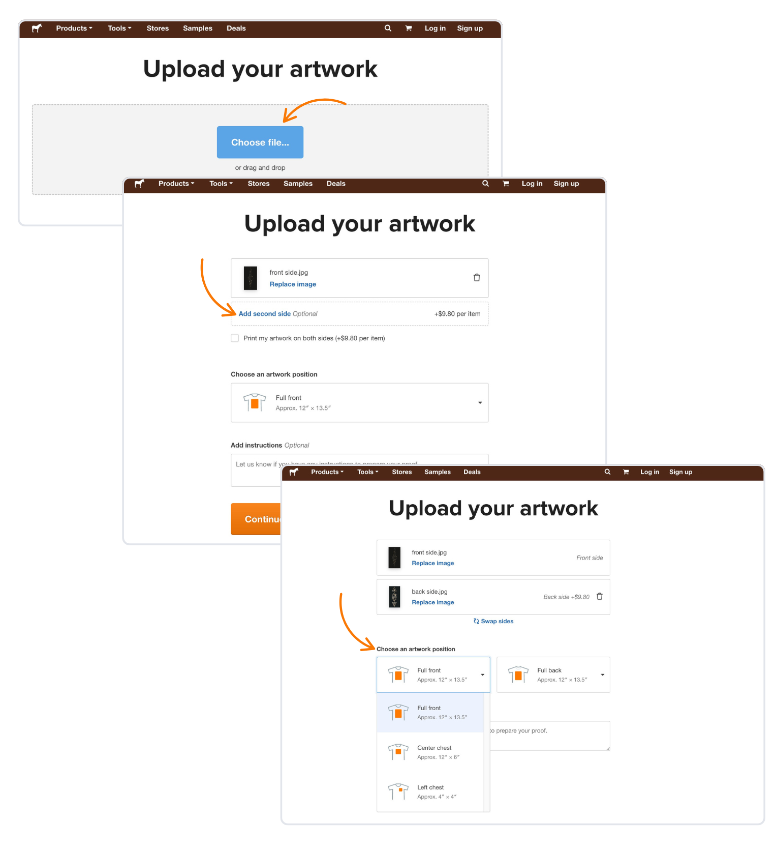 screenshot showing how to add back side print to t-shirts