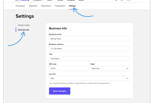 screenshot van waar je je bedrijfsadres in Notify kunt bijwerken
