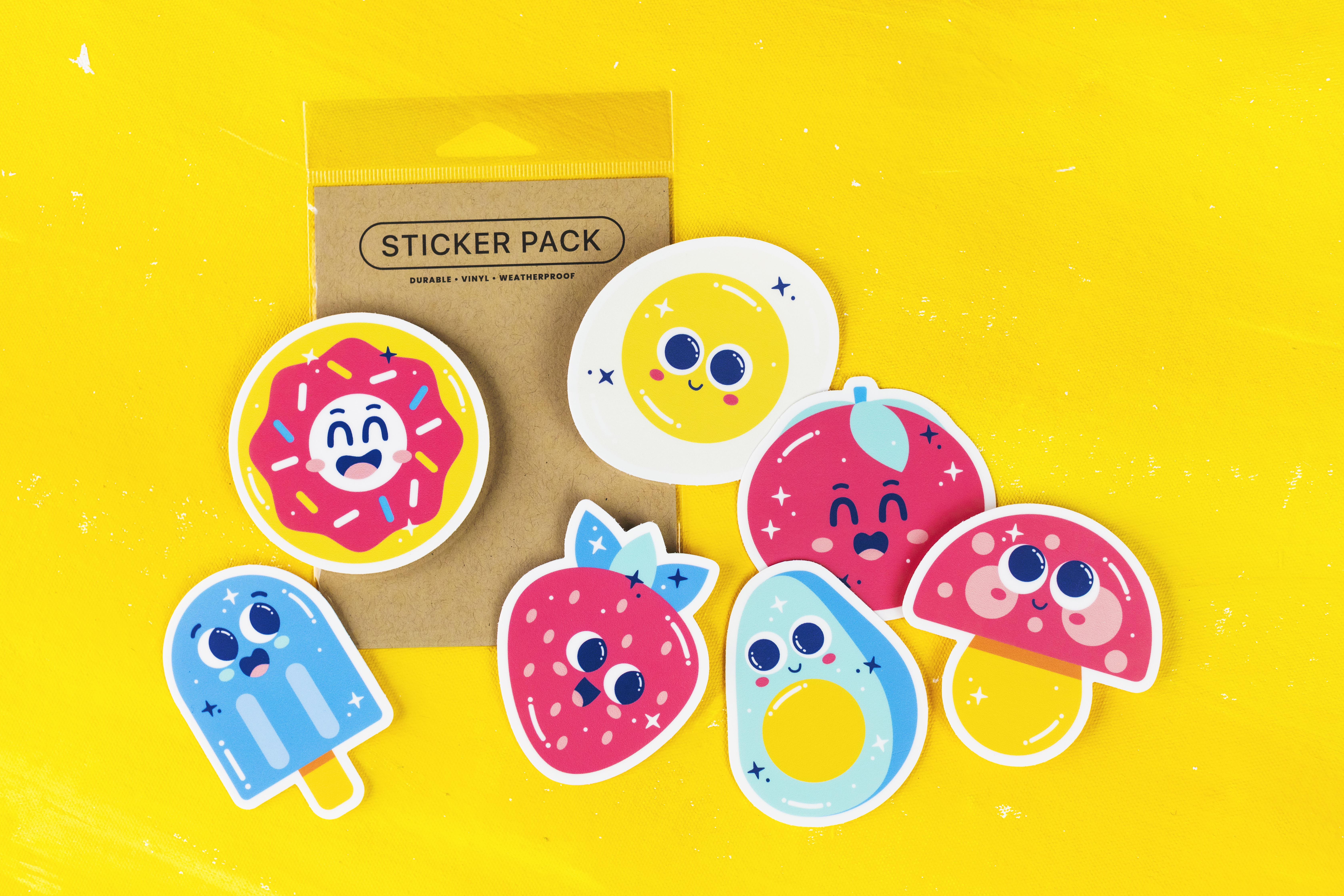 sticker pack with food shaped stickers and a kraft backer card