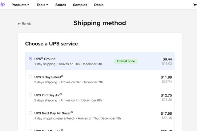 painel de envois do Ship que mostra as opções de envio da UPS