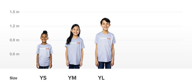 image showing sizing of small, medium, and large youth t-shirts