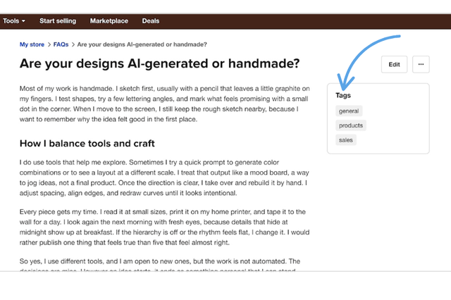 screenshot showing an example of how tags can be added to a store FAQ